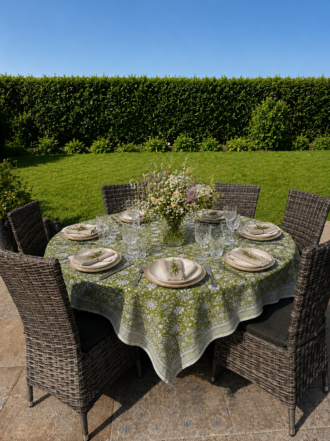 Nappe Khushi verte et rectangle présentée sur une table ronde dressée pour 7 invités dans un jardin à la campagne  