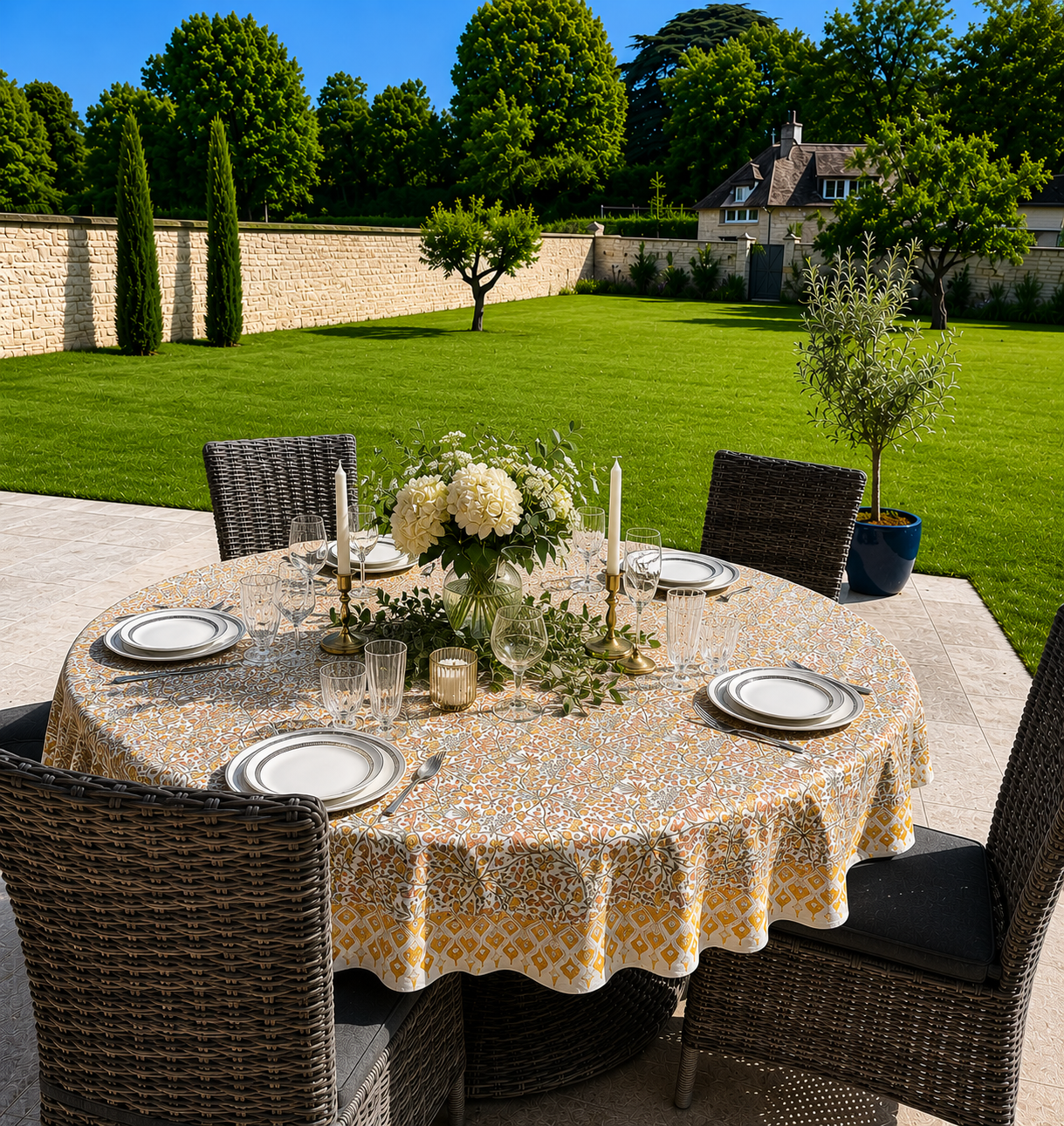 Nappe Jaipur  jaune curry en coton block print, présentée sur la terrasse d'un joli jardin à la campagne