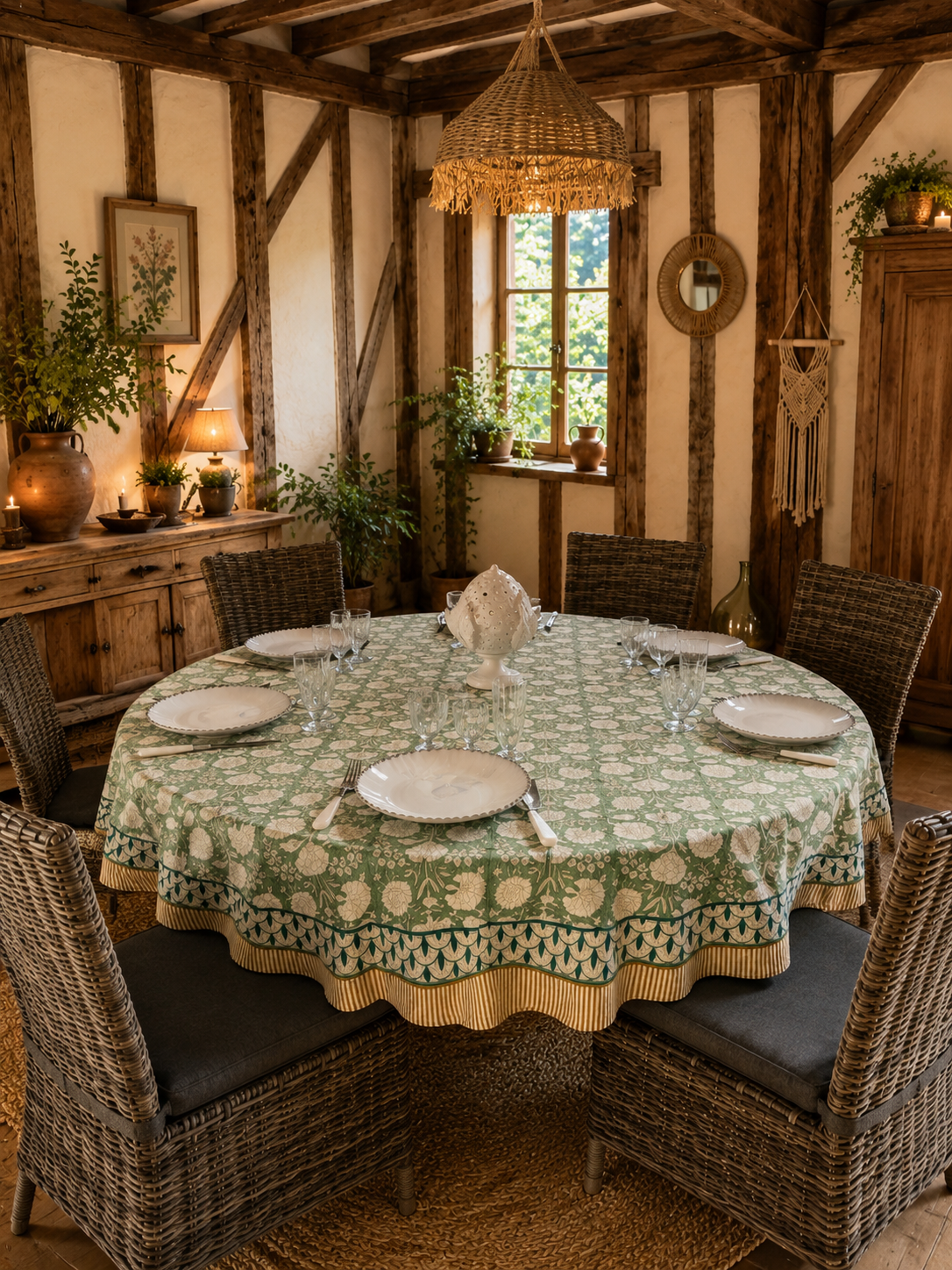 Présentation de la nappe Jaipur vert sauge imprimée artisanalement au block print, sur une grande table ronde dans une maison de campagne