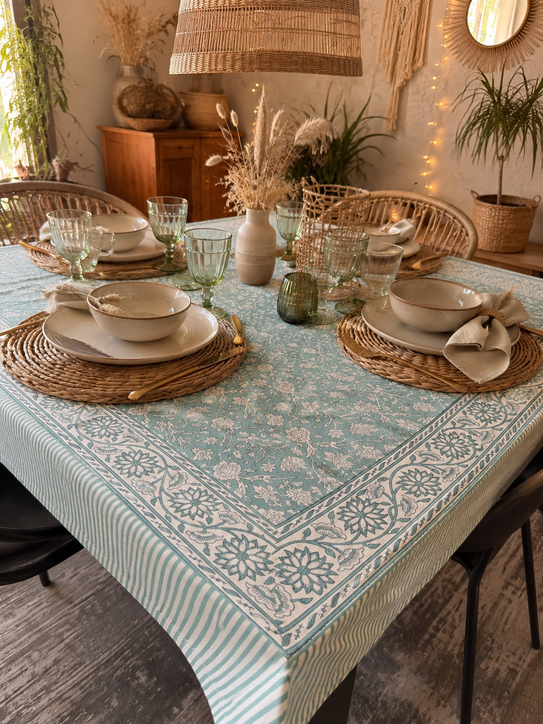 Nappe padma bleu dressée sur une table carrée dans une maison de campagne avec un décor bohème et naturel